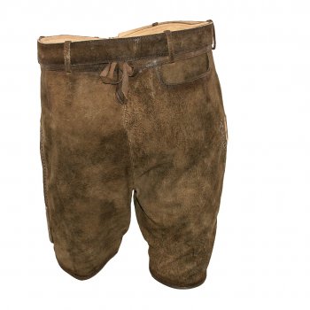 Preview: kurze sportliche Lederhose Trachtenlederhose Plattlerhose bestickt Gürtel mit Bayern Wappen Größe 56